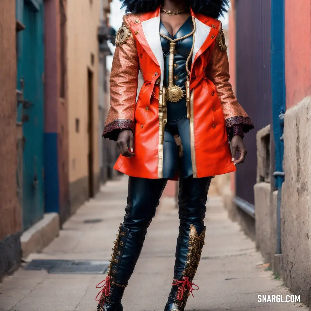 Woman in a red coat and black pants is standing on a sidewalk in a alleyway with a red coat