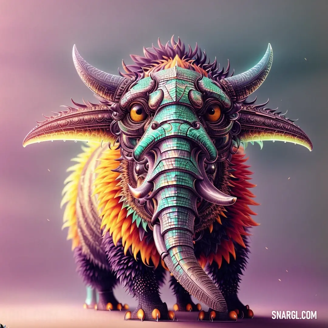 A vibrant, colorful elephant with exaggerated horns and large eyes stands boldly on a rich purple background. The animal's playful and larger-than-life presence pops against the backdrop, creating an eye-catching scene.