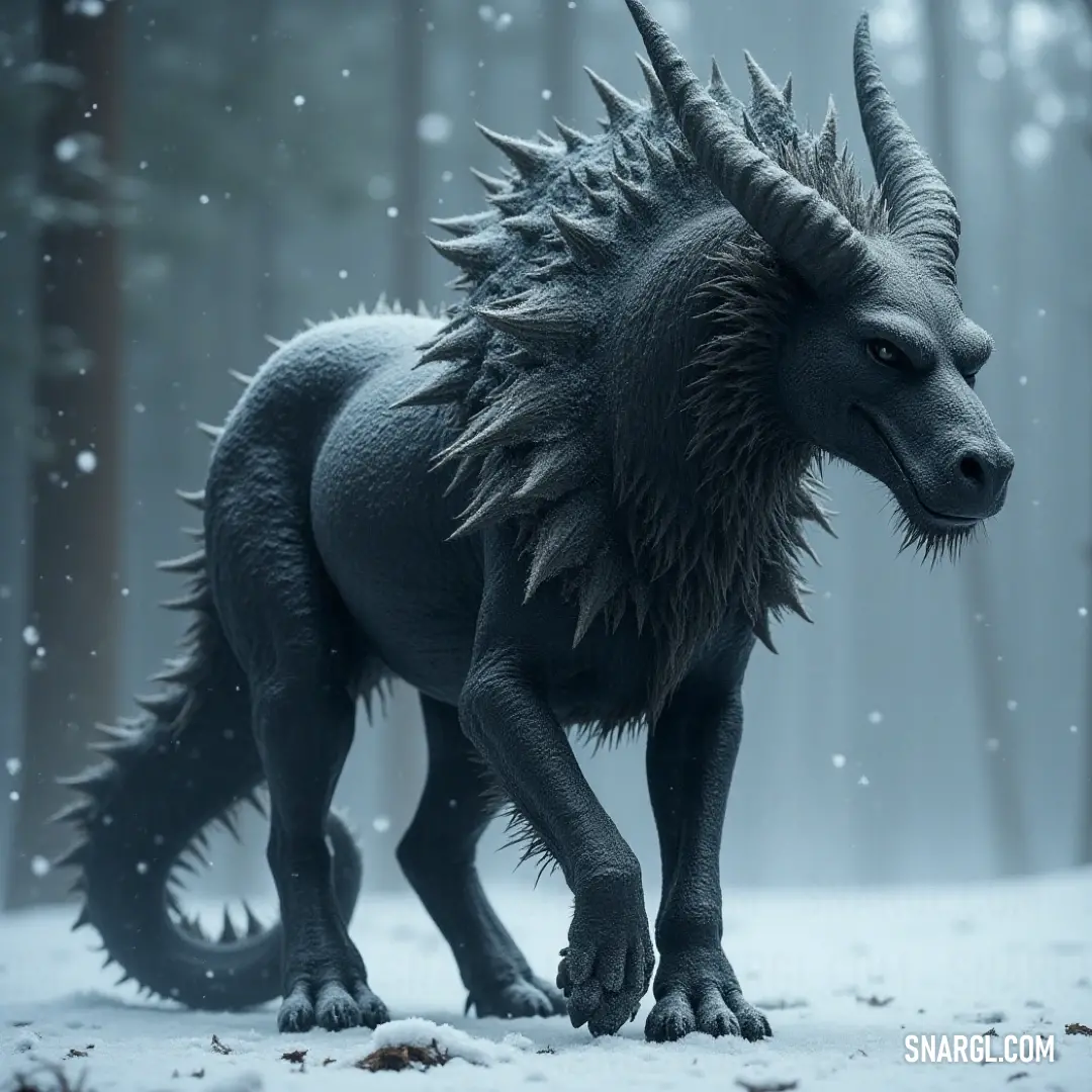 A majestic creature with enchanting horns wanders gracefully through a serene snow-covered forest, surrounded by trees and delicate snowflakes that create a mystical atmosphere.