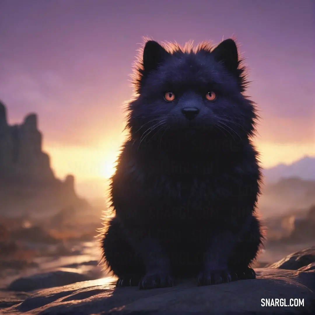 A black cat perches on a rock in a rugged terrain, with a purple-hued sky and distant mountain range as the backdrop at sunset.