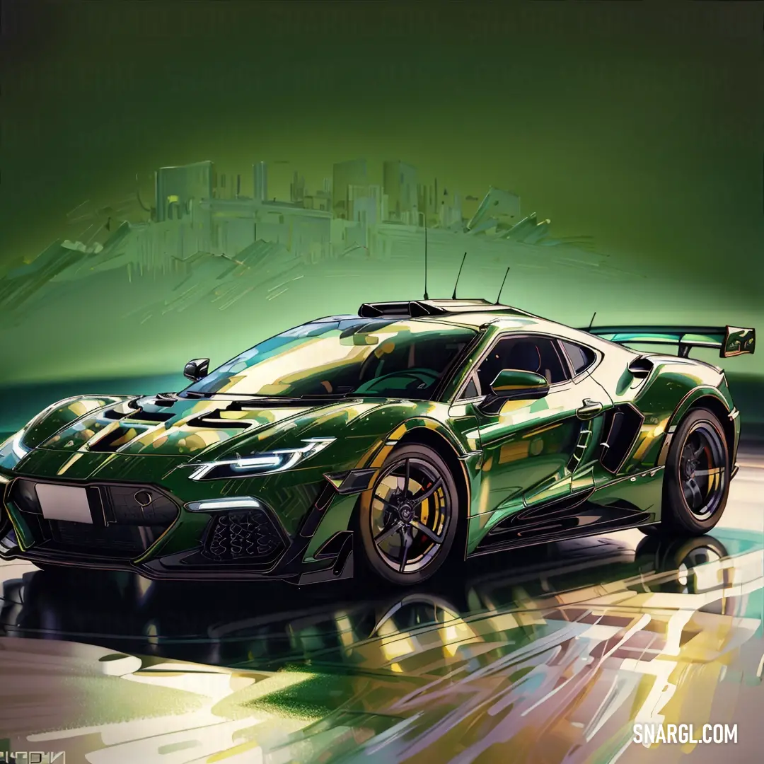 A sleek green sports car zooms past a bustling city, the skyline shimmering in the distance, highlighted by a delicate RGB color blend.