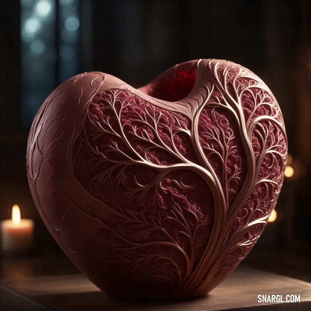 A heart-shaped vase with a glowing candle inside rests on a surface, casting a warm, inviting glow. The subtle tones of the surrounding space accentuate the soft, delicate CMYK color blend of 0,6,4,0.