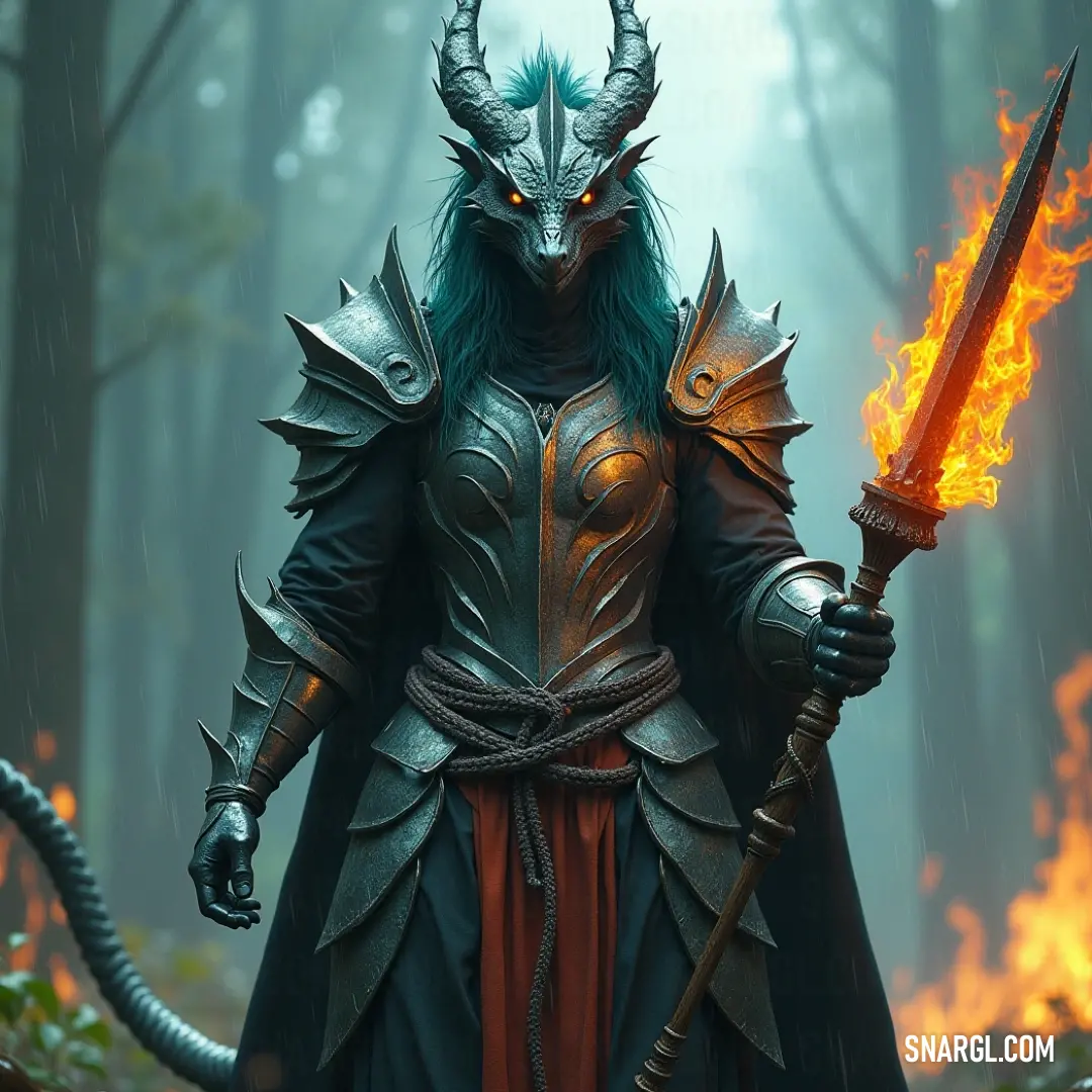 In a mystical forest, a man in a captivating horned costume brandishes a sword in one hand while the other cradles a flickering flame. Surrounded by towering trees, the scene pulsates with an air of adventure and whimsy, igniting the imagination.