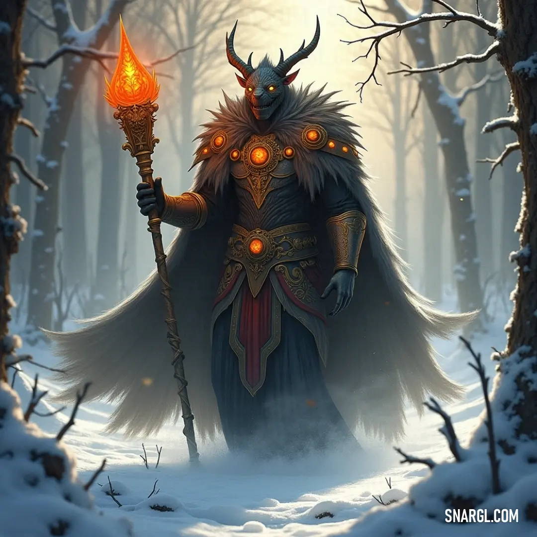 A mysterious figure with horns carries a glowing torch through a tranquil, snowy forest, surrounded by towering trees as the light illuminates the frosty landscape, creating a magical ambiance in the cold winter night.