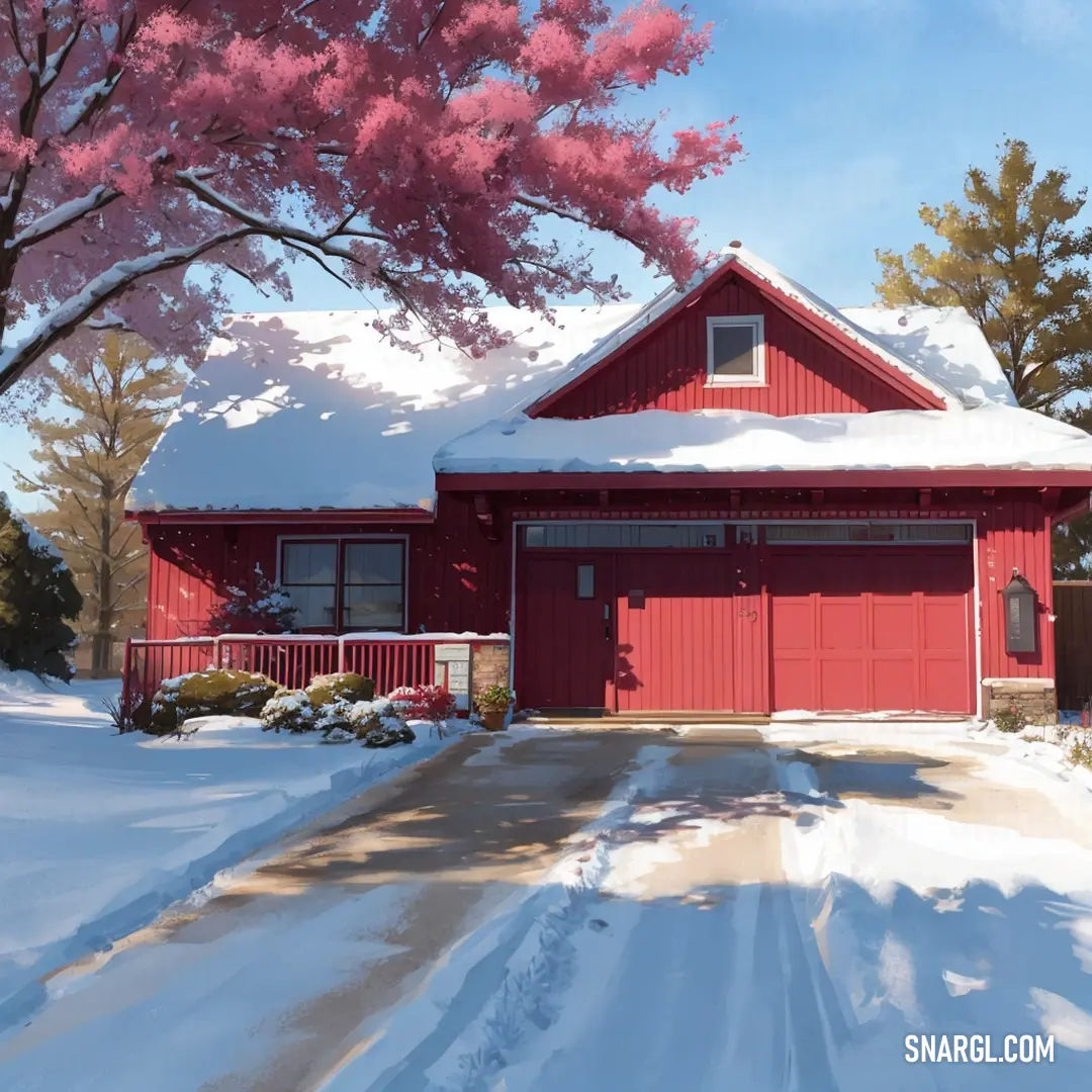 A charming red house sits in the snow-covered front yard, with a tree standing nearby. The peaceful scene, colored in a soft lavender blush tone, evokes warmth despite the winter chill.