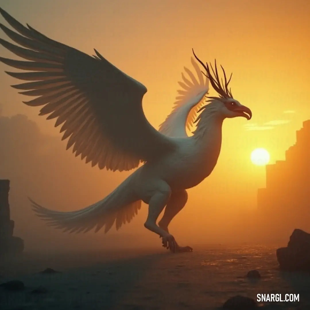 A brilliant white bird with a large beak stretches its wings wide, set against a breathtaking sunset that illuminates the skyline of distant buildings, symbolizing freedom and tranquility.