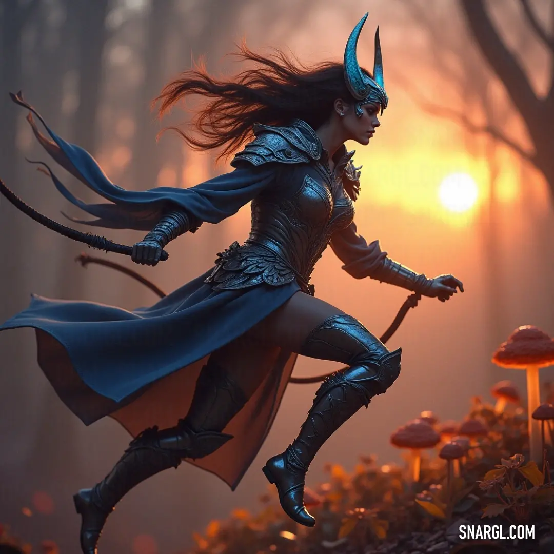 Soaring through the sky, a demonic woman in an elaborate costume carries a unique sceptacle, her silhouette against a vibrant sunset engendering feelings of freedom, mischief, and enchantment above the world below.