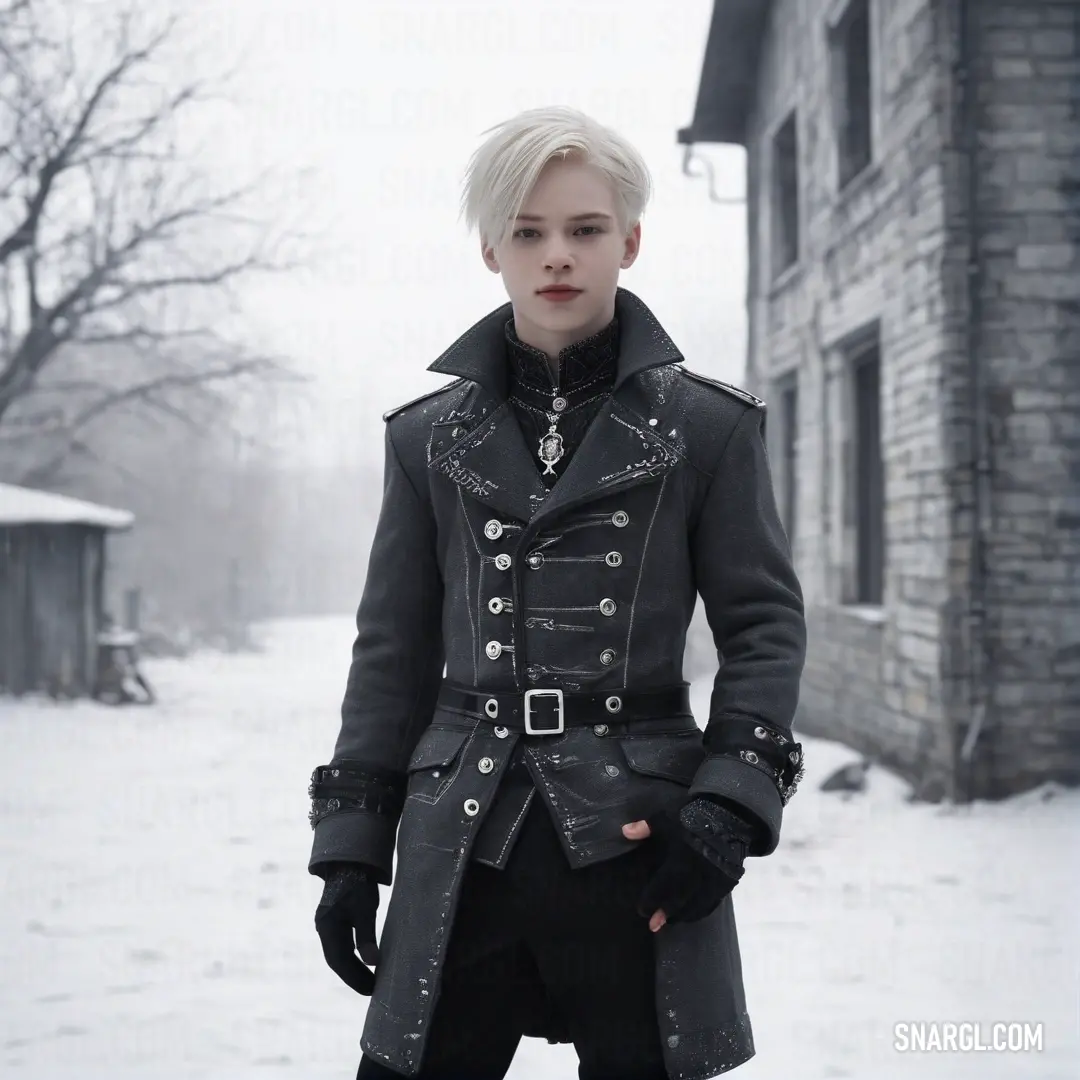 A woman clad in a stylish black coat and matching gloves stands gracefully in a snow-dusted setting, framed by an atmospheric building, symbolizing elegance amidst the wintry chill.