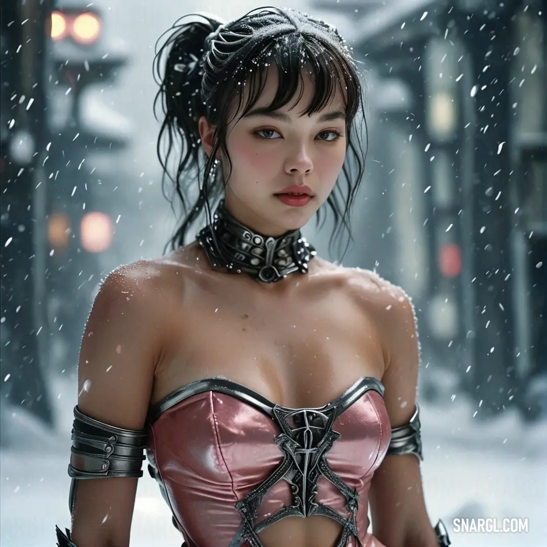 A woman elegantly dressed in a corset and choker, surrounded by swirling snowflakes, stands resiliently amidst a serene winter landscape, creating a vivid contrast against the chilly backdrop of a snowstorm.