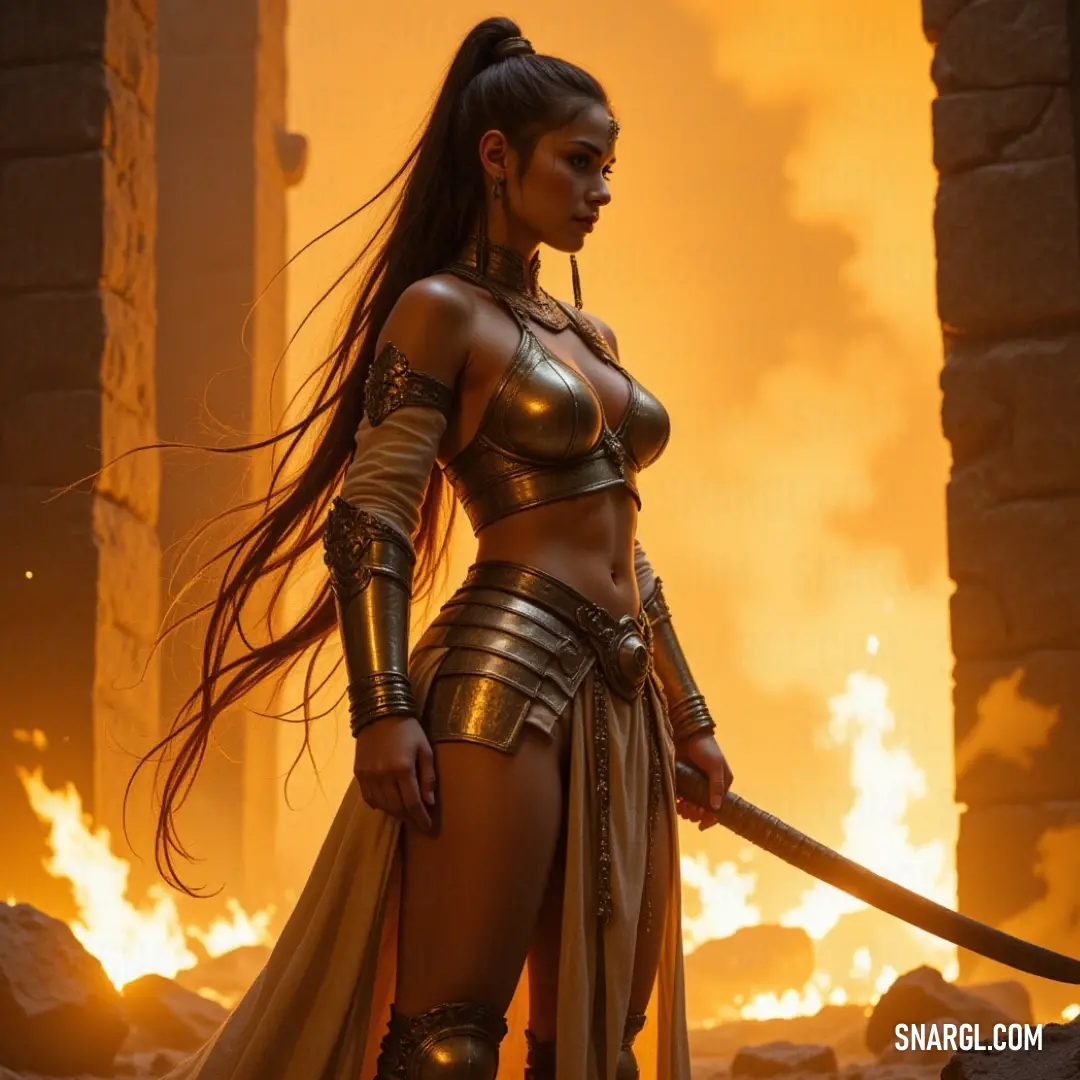 In a radiant scene mingling flames and vibrant colors, a woman in a striking costume holds a sword, surrounded by a backdrop of blazing fire that sets the stage for an epic showdown between light and darkness.