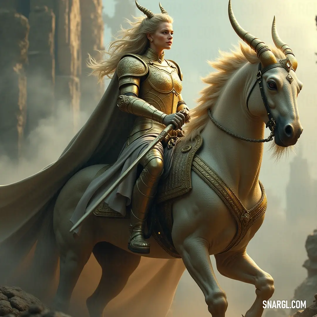 A woman in an elaborate costume rides gracefully on a majestic horse amidst rocky terrain, with a historic castle peeking through the background, creating a sense of adventure and elegance.