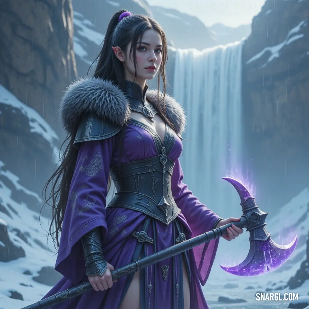 A whimsical woman in a flowing purple dress brandishes a matching axe and donates a purple hat against a stunning waterfall, where cascading water adds a touch of enchantment to her vibrant presence amidst nature's splendor.