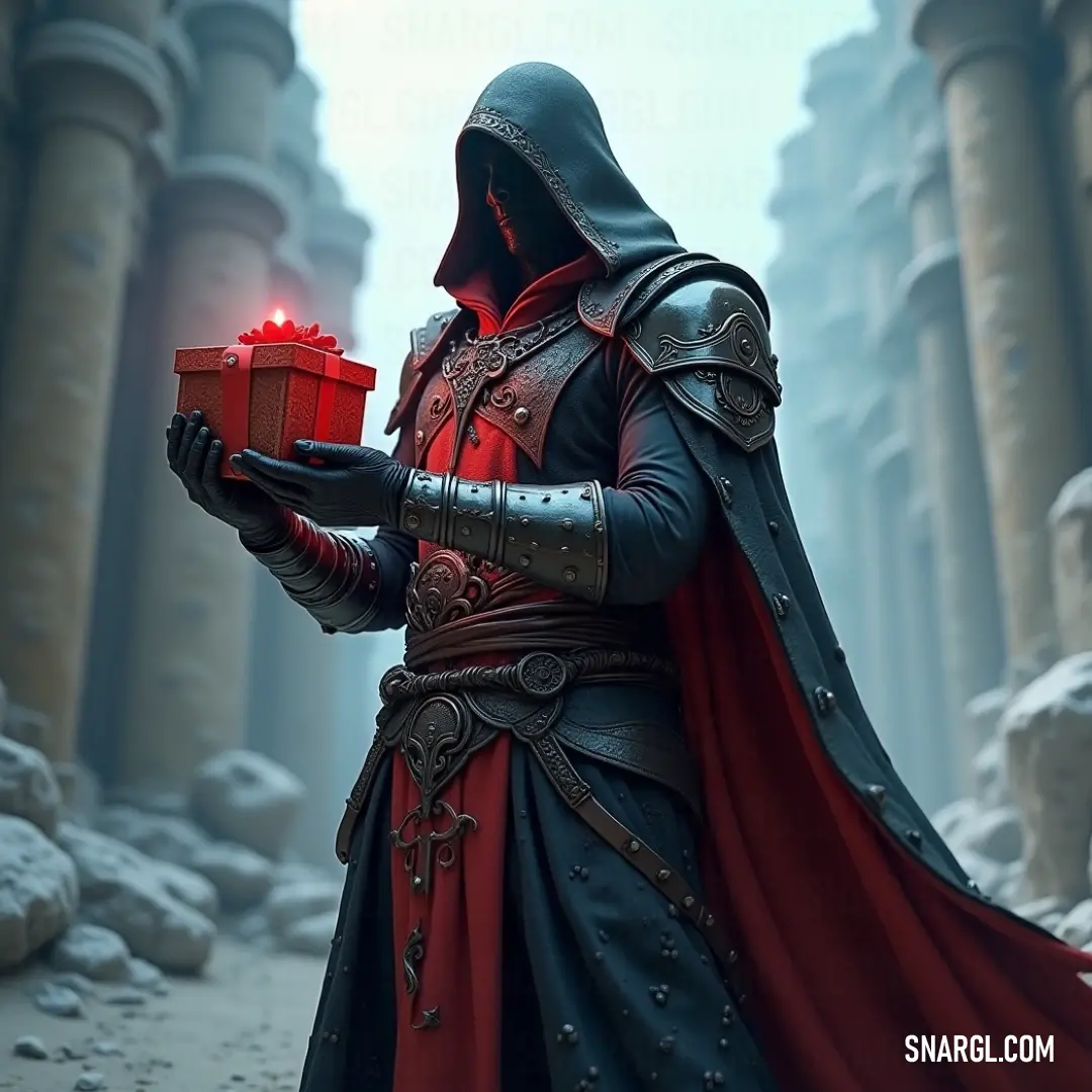 A noble figure dressed in a medieval costume holds a beautifully crafted gift box, with a flickering candle nestled inside. The warmth of his expression and the enchanting atmosphere around him evoke a delightful sense of celebration and generosity, captu