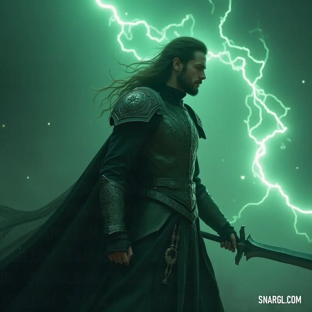 A formidable figure clad in a dark outfit brandishes a sword while lightning crackles in a vibrant green landscape. The intensity of the scene captures a dynamic clash between the warrior and the forces around him, evoking feelings of awe and power in nat