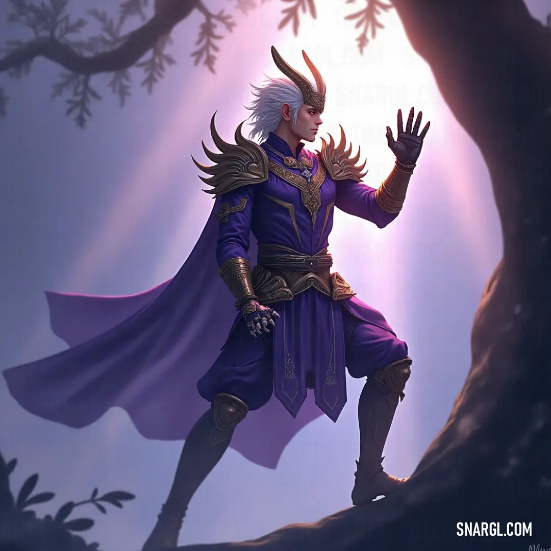 A striking figure dressed in a rich purple ensemble stands triumphantly before an ancient tree, arms raised as his hair dances in the breeze. The vibrant colors and dynamic posture capture a moment of freedom and celebration amidst the serene backdrop of 