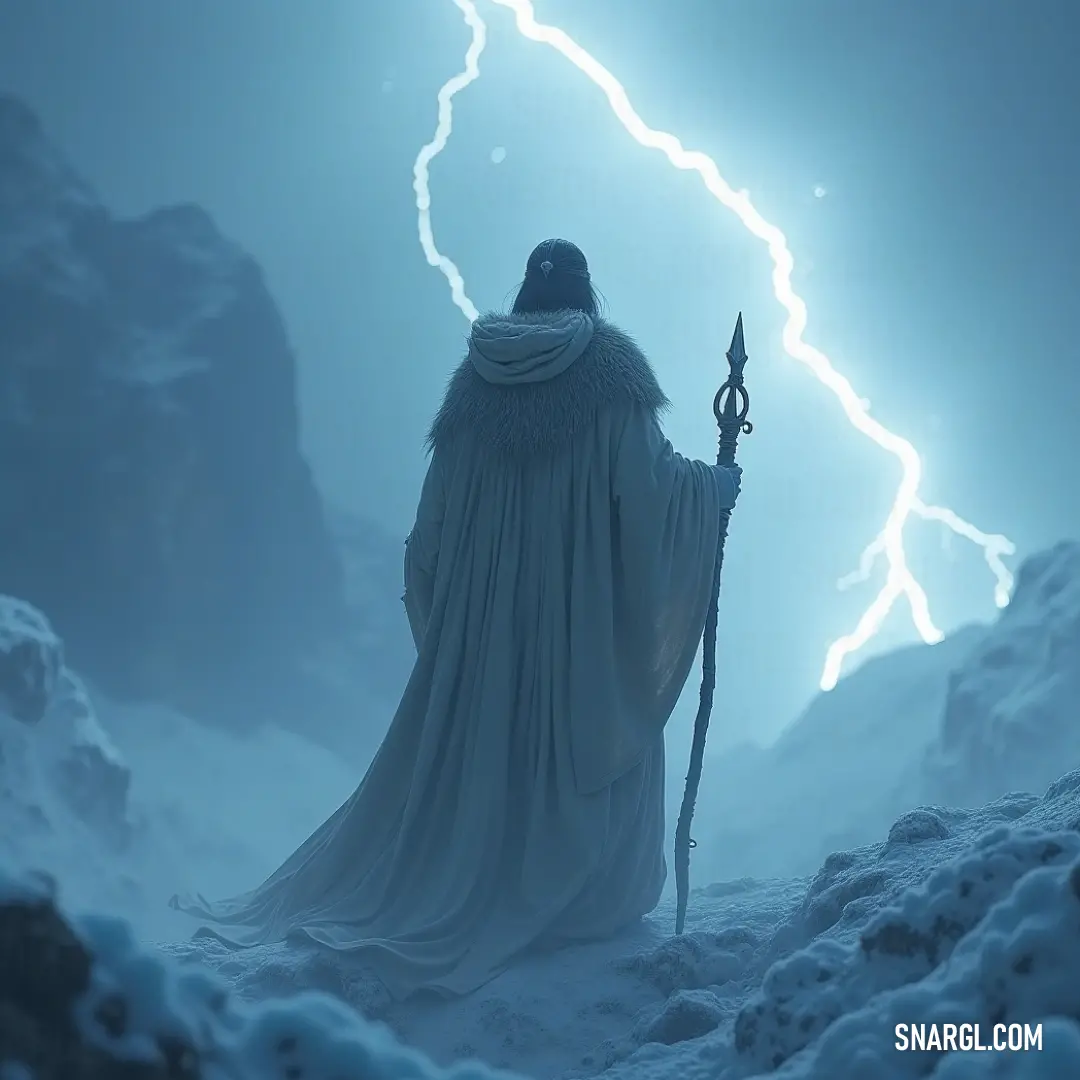 A serene figure adorned in a flowing white robe holds a staff, commanding the elements against a backdrop of a snowy landscape crackling with lightning energy. The powerful imagery reflects both tranquility and intensity, evoking a sense of divine connect