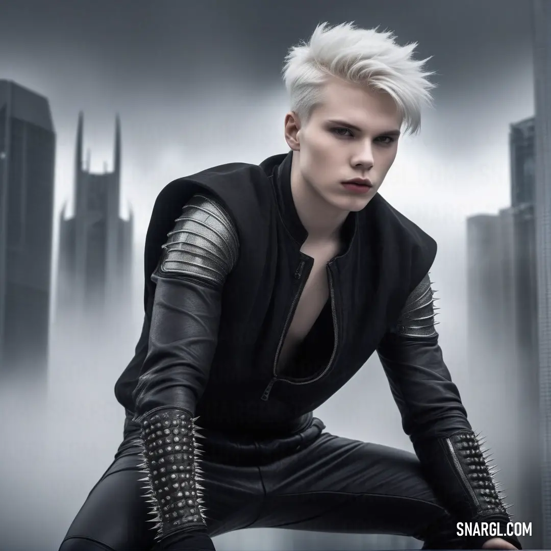 A striking man with white hair dons a sleek black leather outfit, confidently posing in front of a modern cityscape, representing bold fashion statements against an urban backdrop.