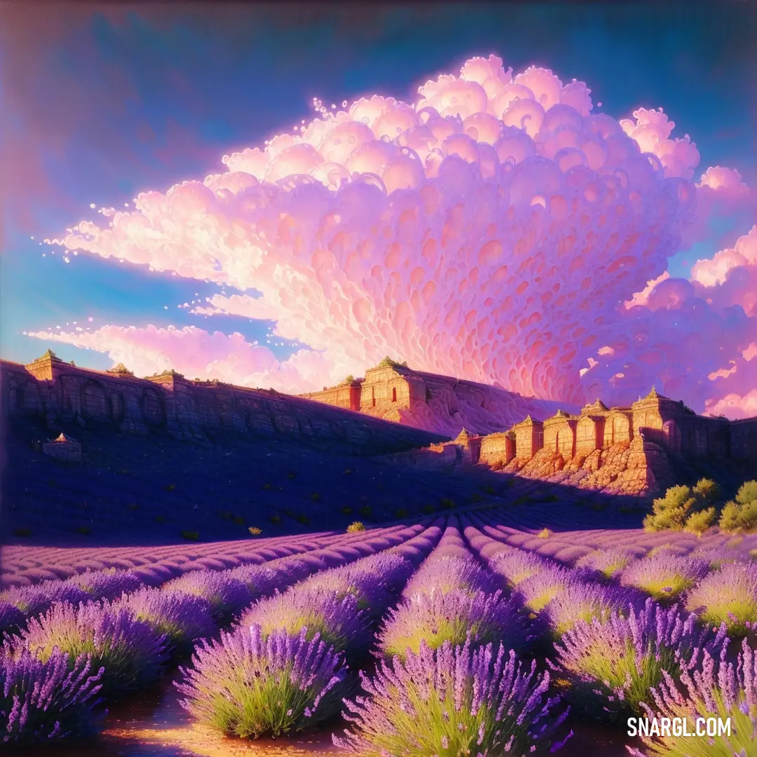 Painting of a lavender field with a castle in the background and a purple sky with clouds above it