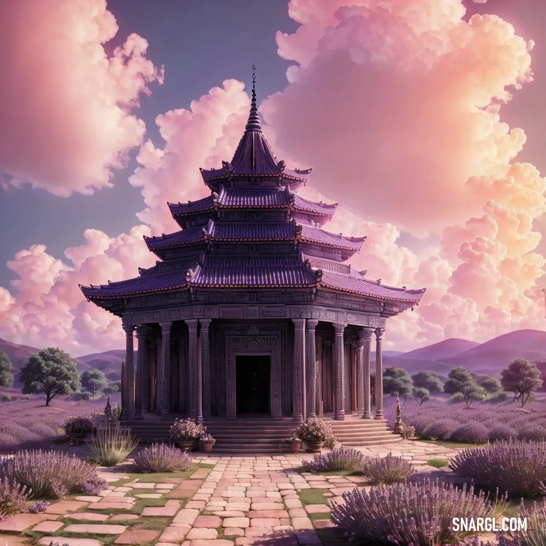 Painting of a pagoda in a lavender field with a pink sky in the background