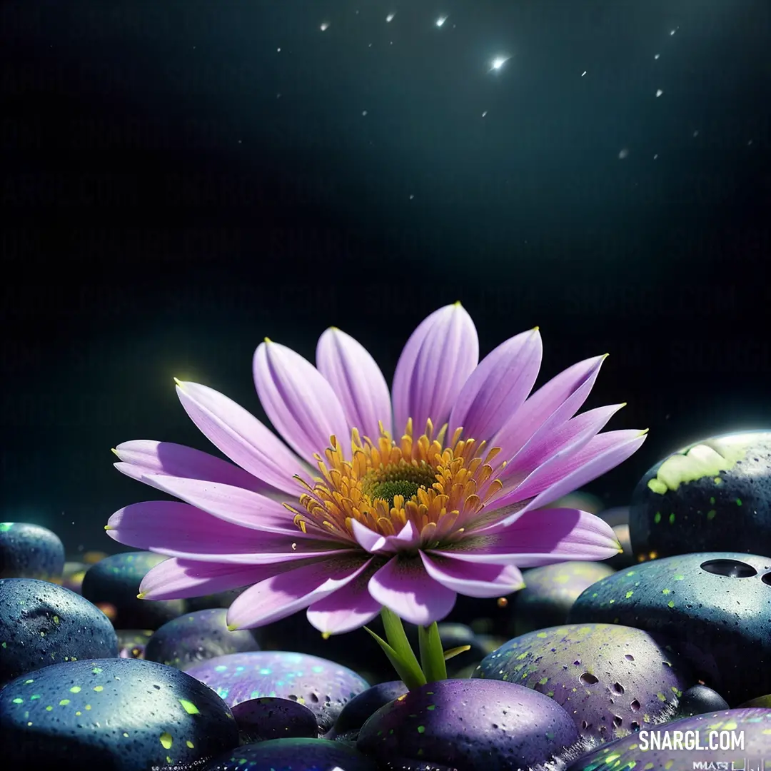 Purple flower on top of a pile of rocks next to a star filled sky with a light
