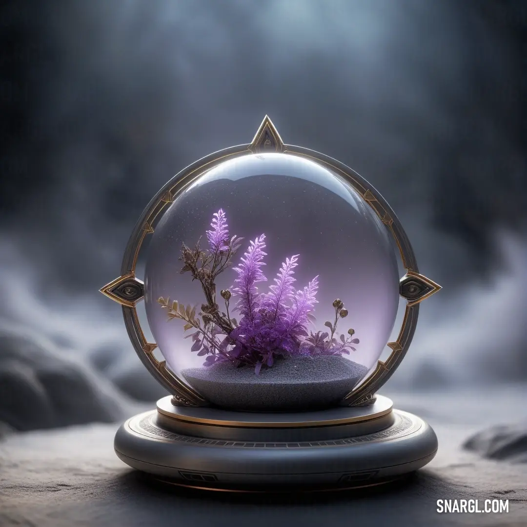 A small purple plant housed in a glass ball with a sleek metal stand rests on a table, the dark background making its vibrant color pop in this unique and elegant display.