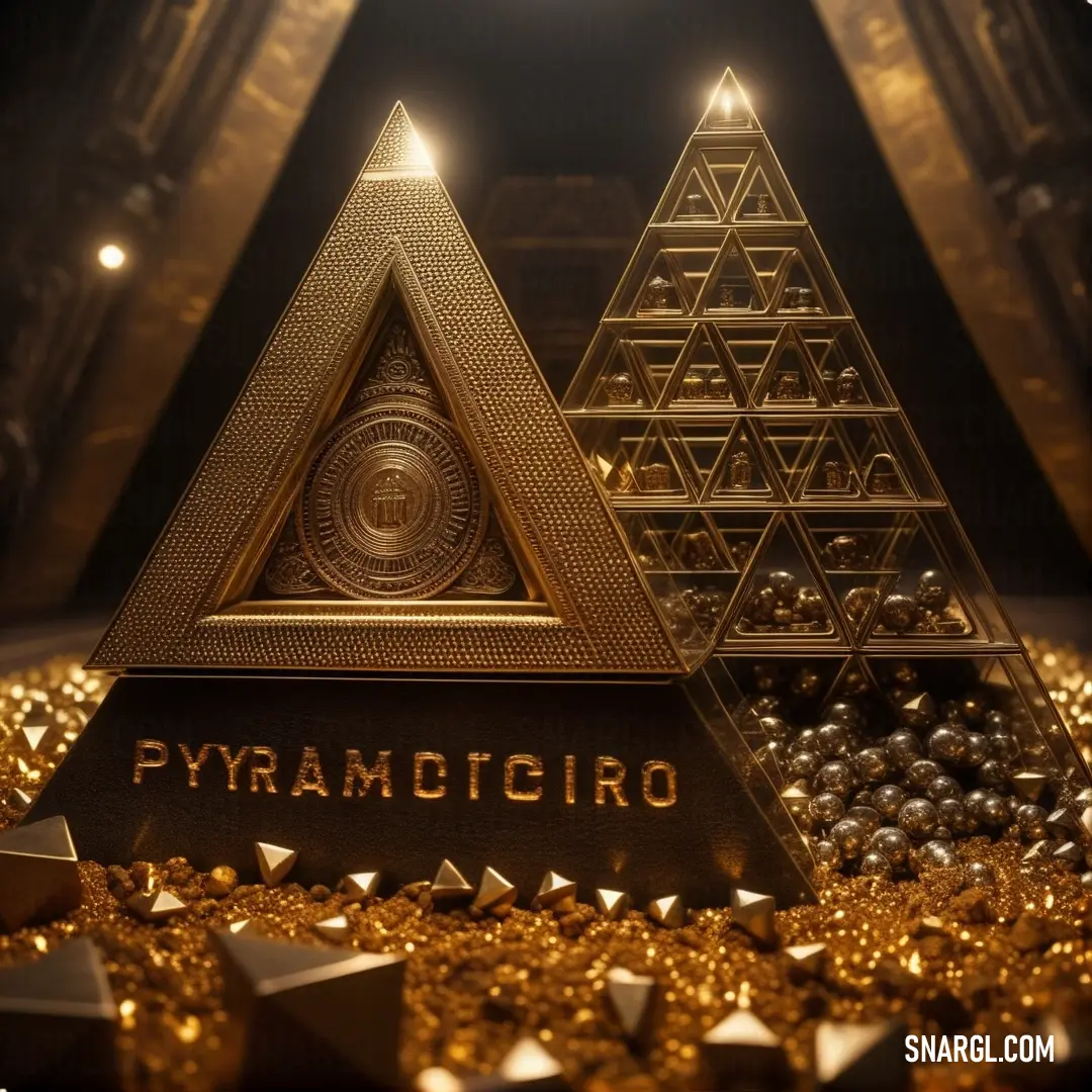 A golden pyramid stands at the center, surrounded by smaller pyramids and glistening gold stars, all set against a deep black background, creating an air of mystery and wonder.