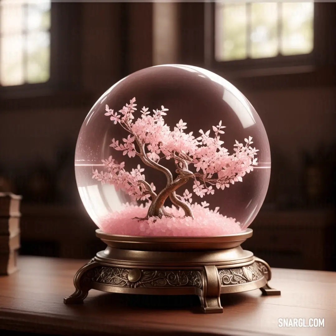 A snow globe with a small tree inside sits atop a wooden table. Sunlight pours through a nearby window, casting soft shadows on the bookcase beside it. The gentle lavender blush color creates a serene and peaceful atmosphere in the room.