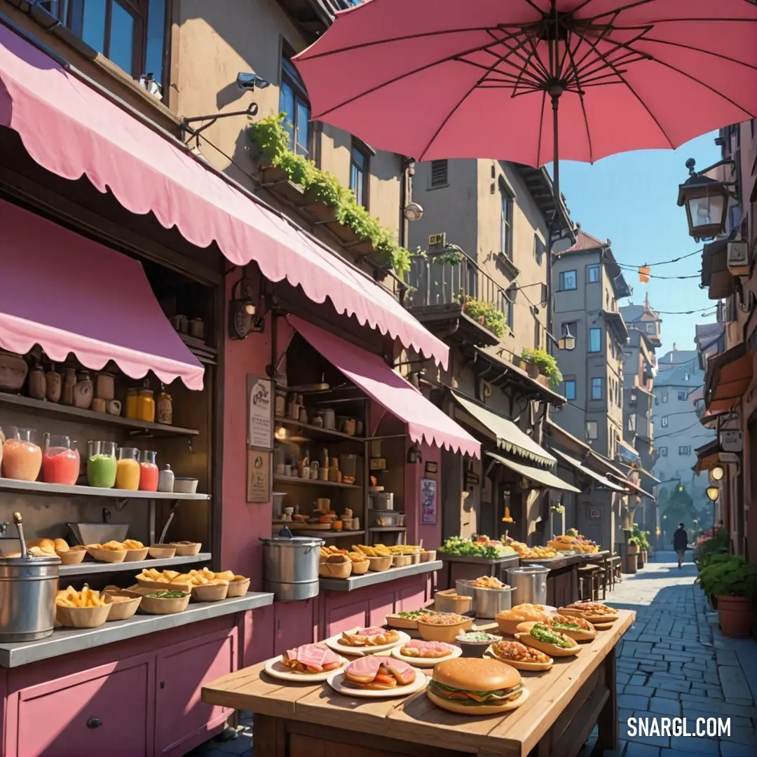 Lavender blush color. Street side food stand with a pink umbrella over it and a pink awning over it and a row of buildings