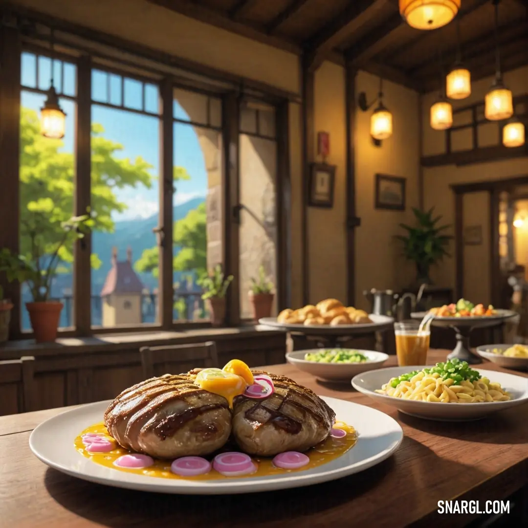 Table with a plate of food and a window in the background. Example of #FFF0F5 color.
