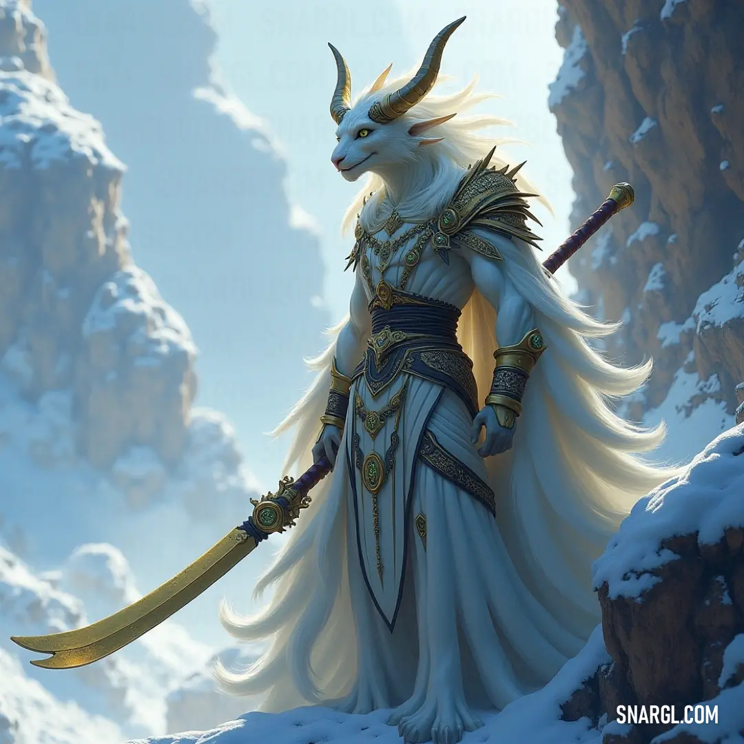 A fierce white demon stands tall amidst a breathtaking snowy landscape, wielding a gleaming sword as imposing mountains rise in the backdrop, embodying a powerful presence against the striking winter scenery.