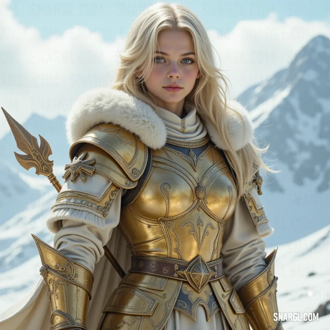 An inspiring woman dressed in radiant gold armor stands confidently before a sweeping mountain range, gripping a sword with determination. The combination of strength and beauty in this majestic setting evokes a sense of heroism and adventure, inviting th