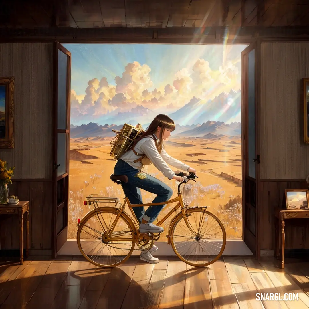 A woman rides a bicycle through an open doorway, passing a beautiful desert landscape painting on the wall behind her. The soft lavender blush tones provide a dreamlike quality to the scene.