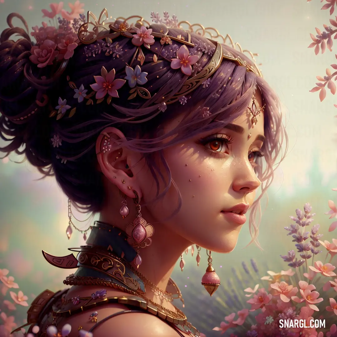 Woman with purple hair and a flower crown on her head is surrounded by flowers and butterflies in a fantasy setting