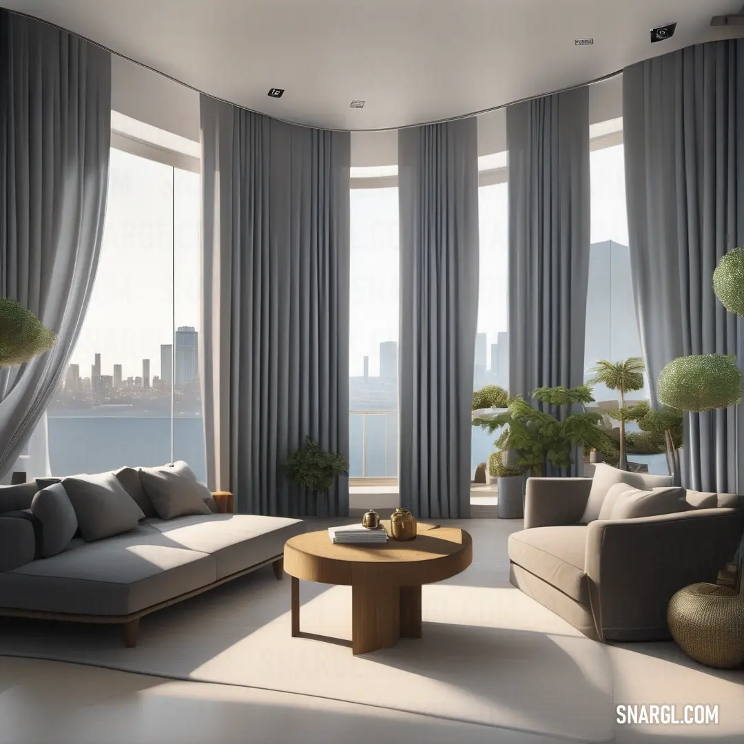 Living room with a couch, chair, table and a large window with city view in the background. Color Lavender gray.
