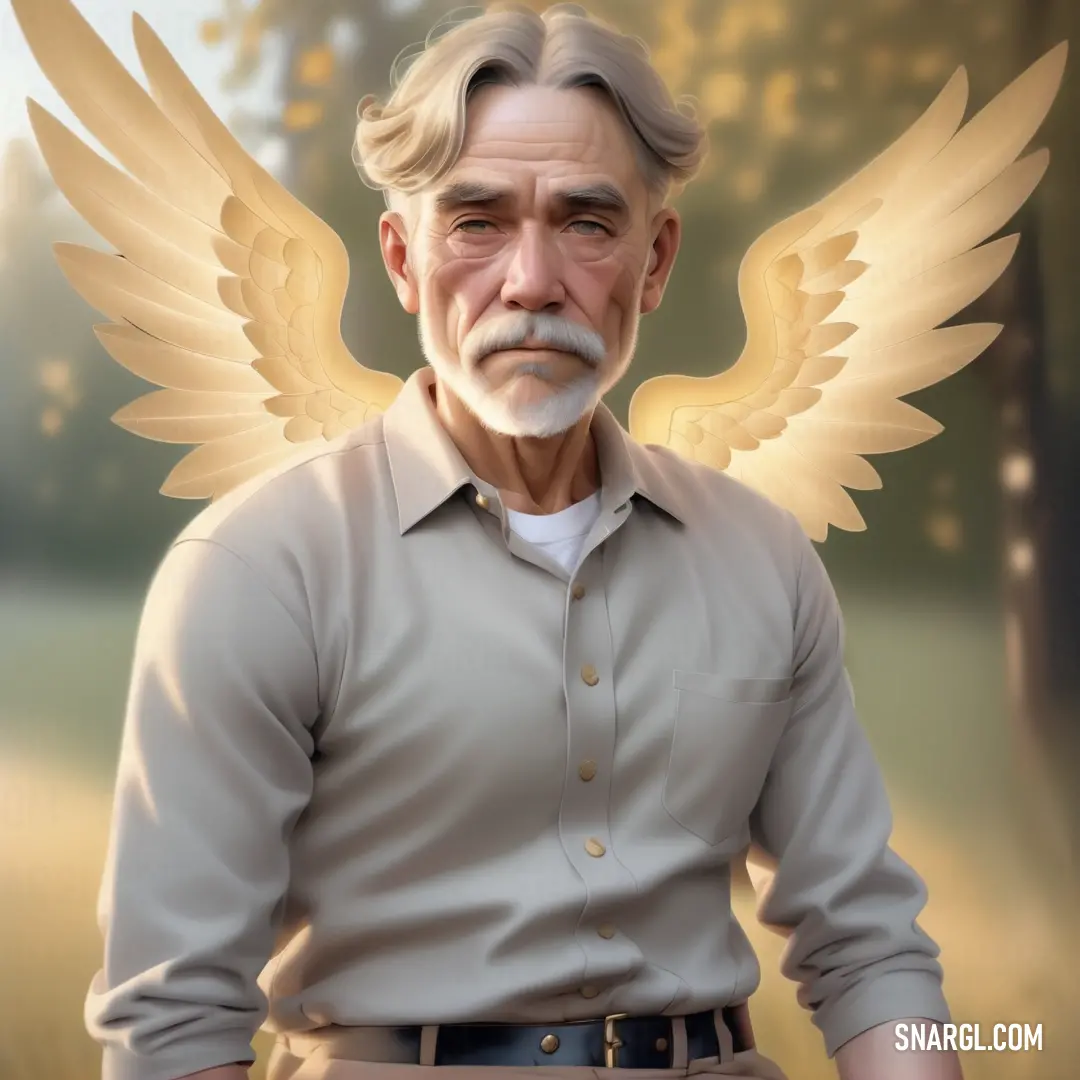 Lavender gray color. Man with a white beard and angel wings on his head and a shirt on his chest