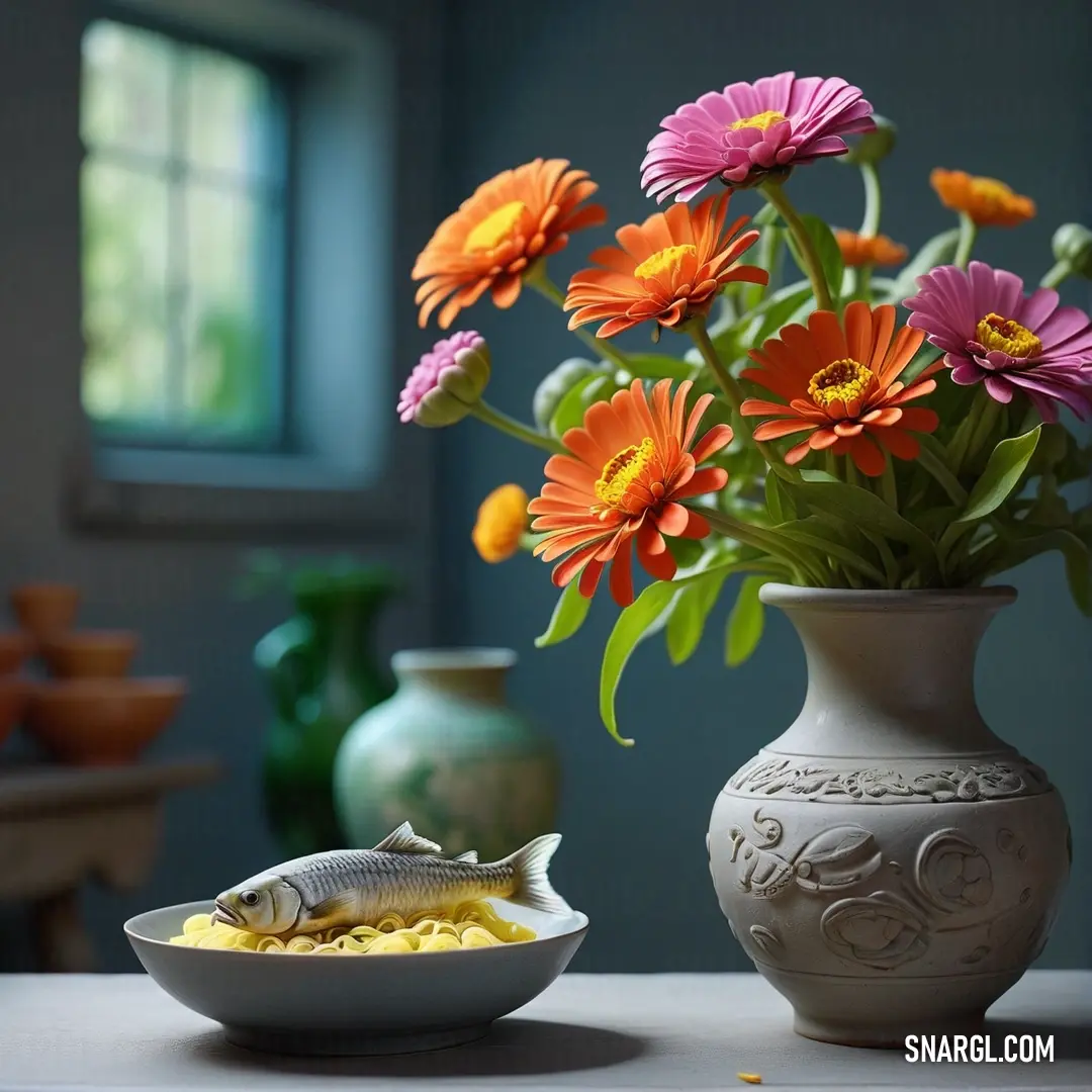 Vase with flowers and a fish on a table next to a bowl of food and a vase. Example of Lavender gray color.