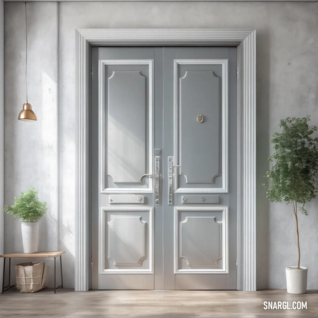 Lavender gray color example: White door with a potted plant in front of it