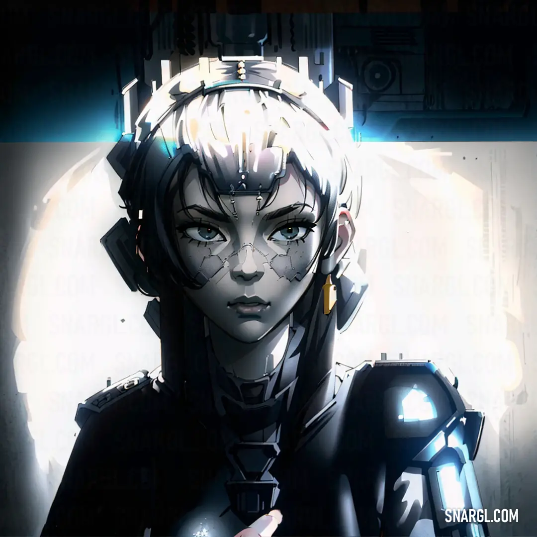 Woman in a futuristic suit pointing at something with a light on her head and a sci - fi on her shoulder