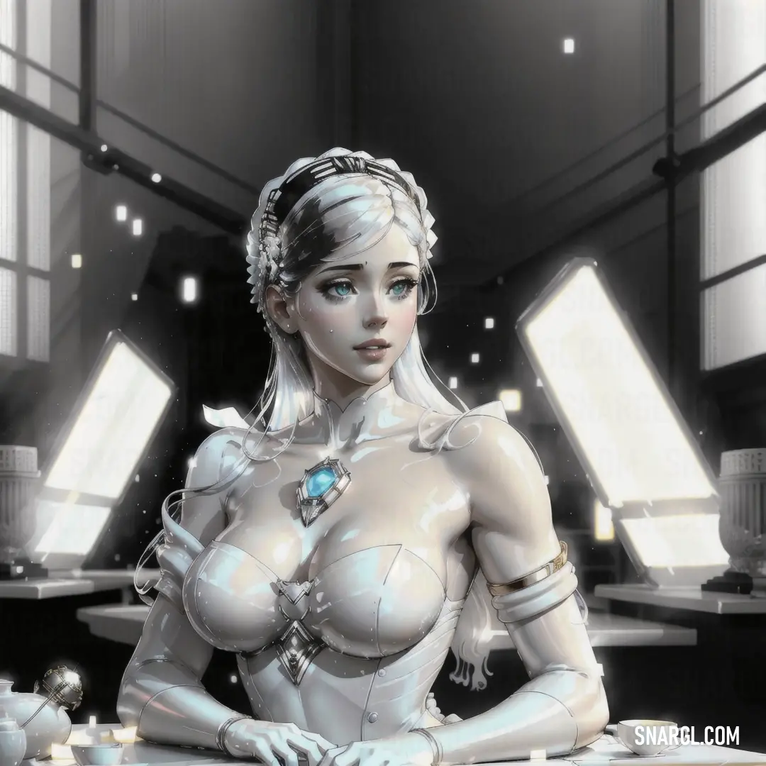 Woman in a futuristic suit is at a table with a clock in her hand