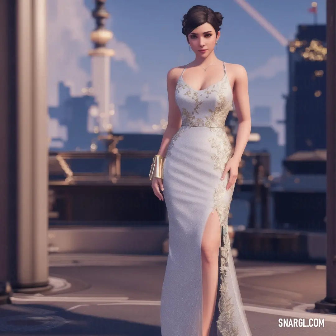 Woman in a white dress standing on a street corner with a city in the background and a gold