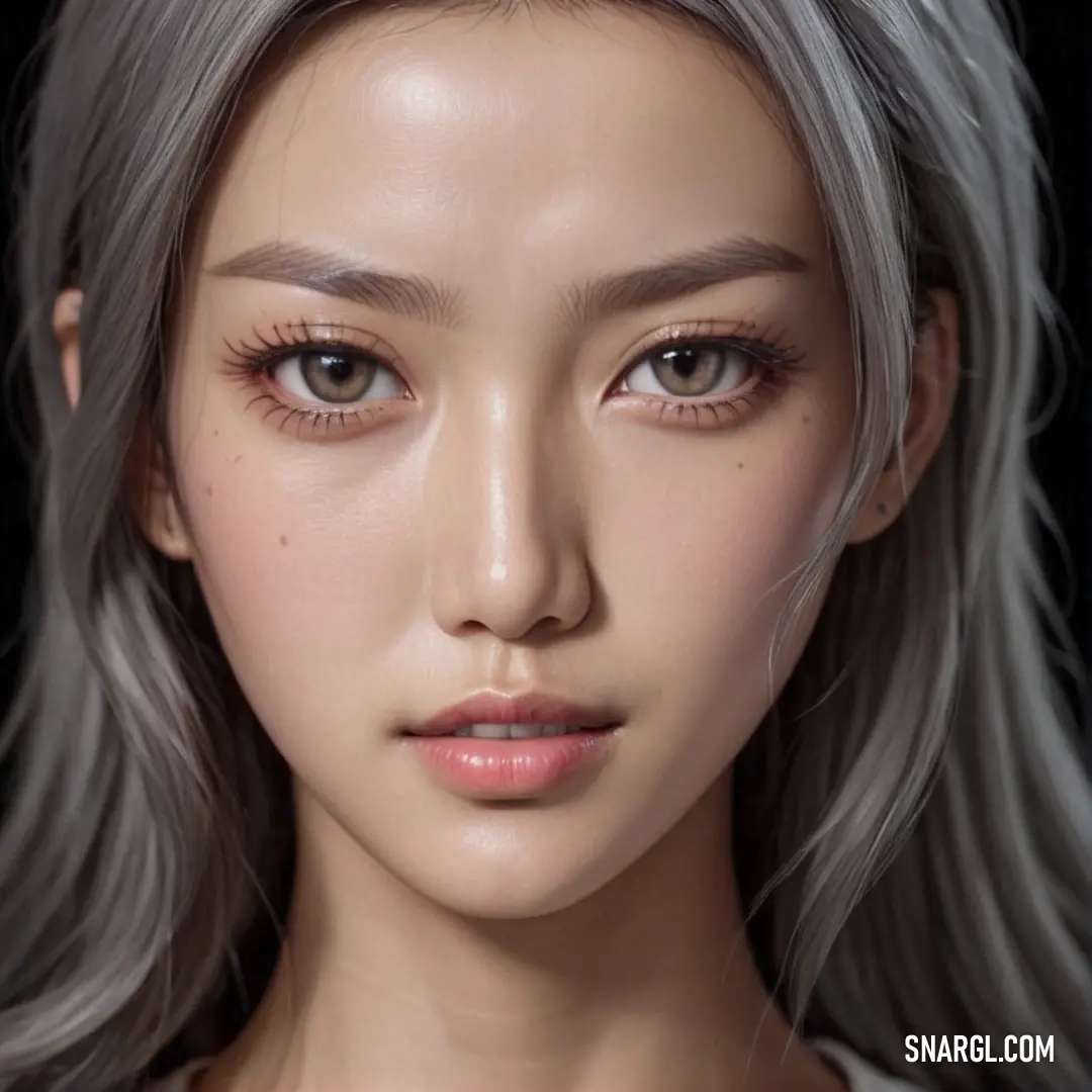 Woman with grey hair and a white shirt on a black background. Example of #C4C3D0 color.