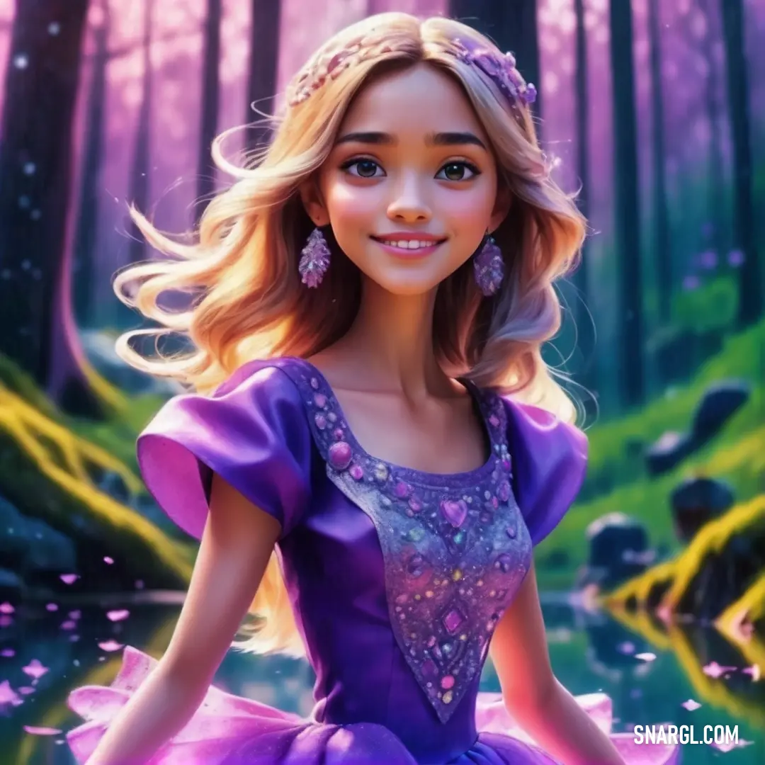 Beautiful young girl dressed in a purple dress in a forest with a stream of water and trees in the background. Example of RGB 148,87,235 color.