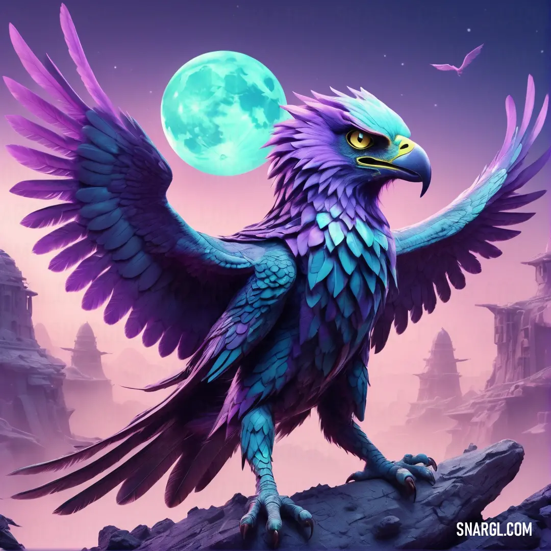 Bird with a full moon in the background. Example of Lavender indigo color.