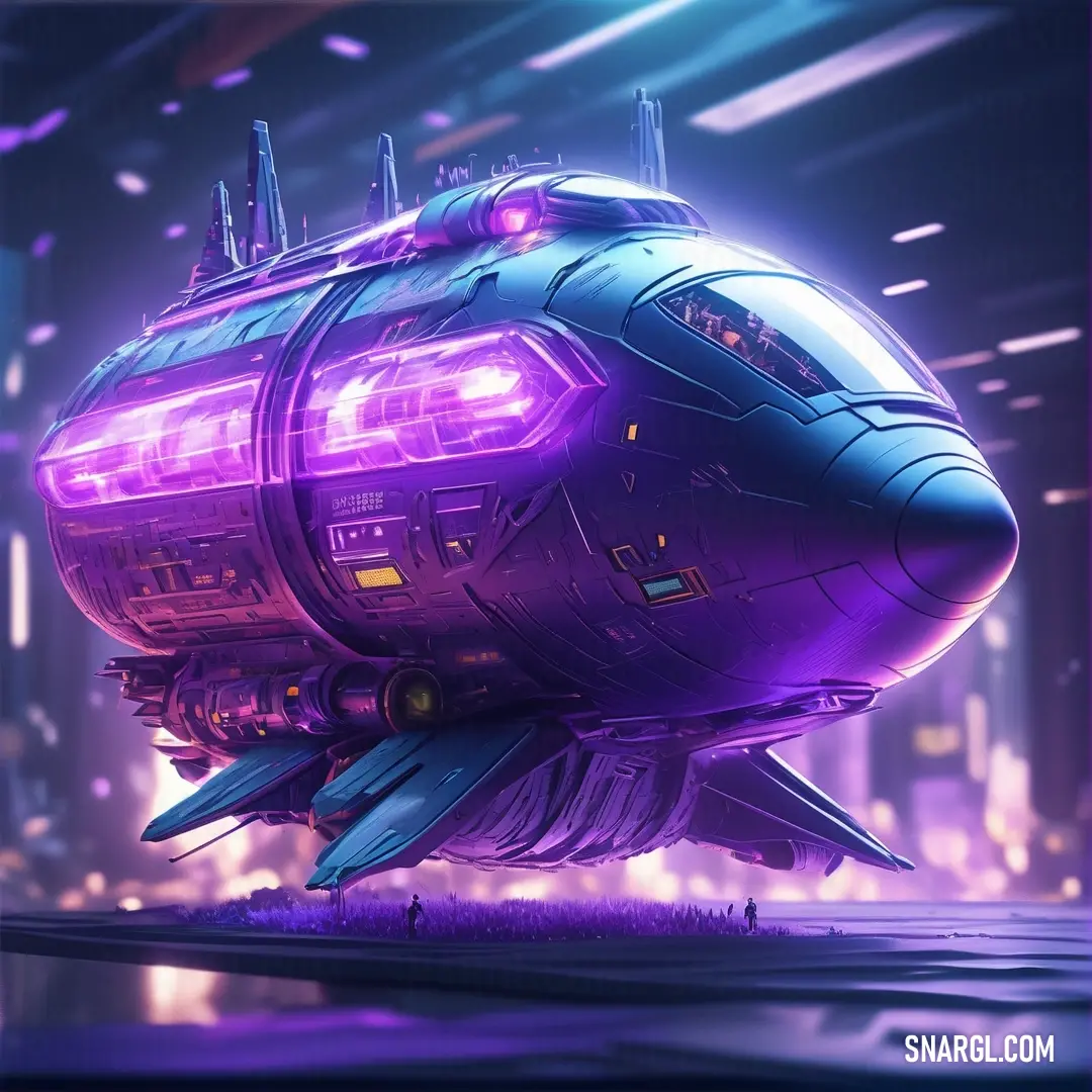 Futuristic looking purple object with lights on it's sides and a city in the background. Example of RGB 148,87,235 color.