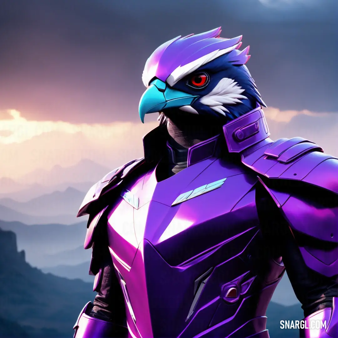 Purple bird with a blue head and a purple suit on a mountain top with a cloudy sky in the background. Example of RGB 148,87,235 color.