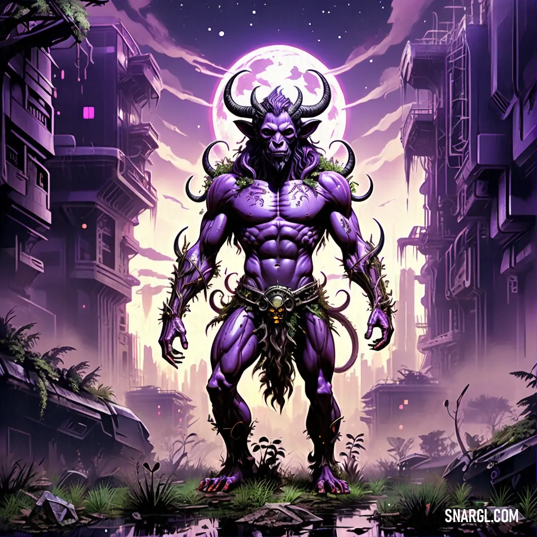 Lavender indigo color. Purple demon standing in a city at night with a full moon in the background