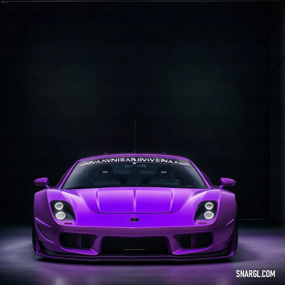 Purple sports car parked in a dark room with a black background. Color Lavender indigo.