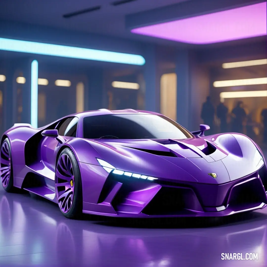 Purple sports car is parked in a garage with people in the background. Color RGB 148,87,235.