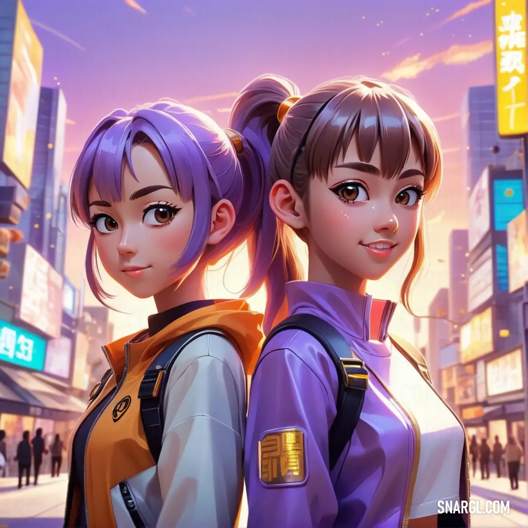 Two anime girls standing in the middle of a city street with buildings in the background. Color #9457EB.