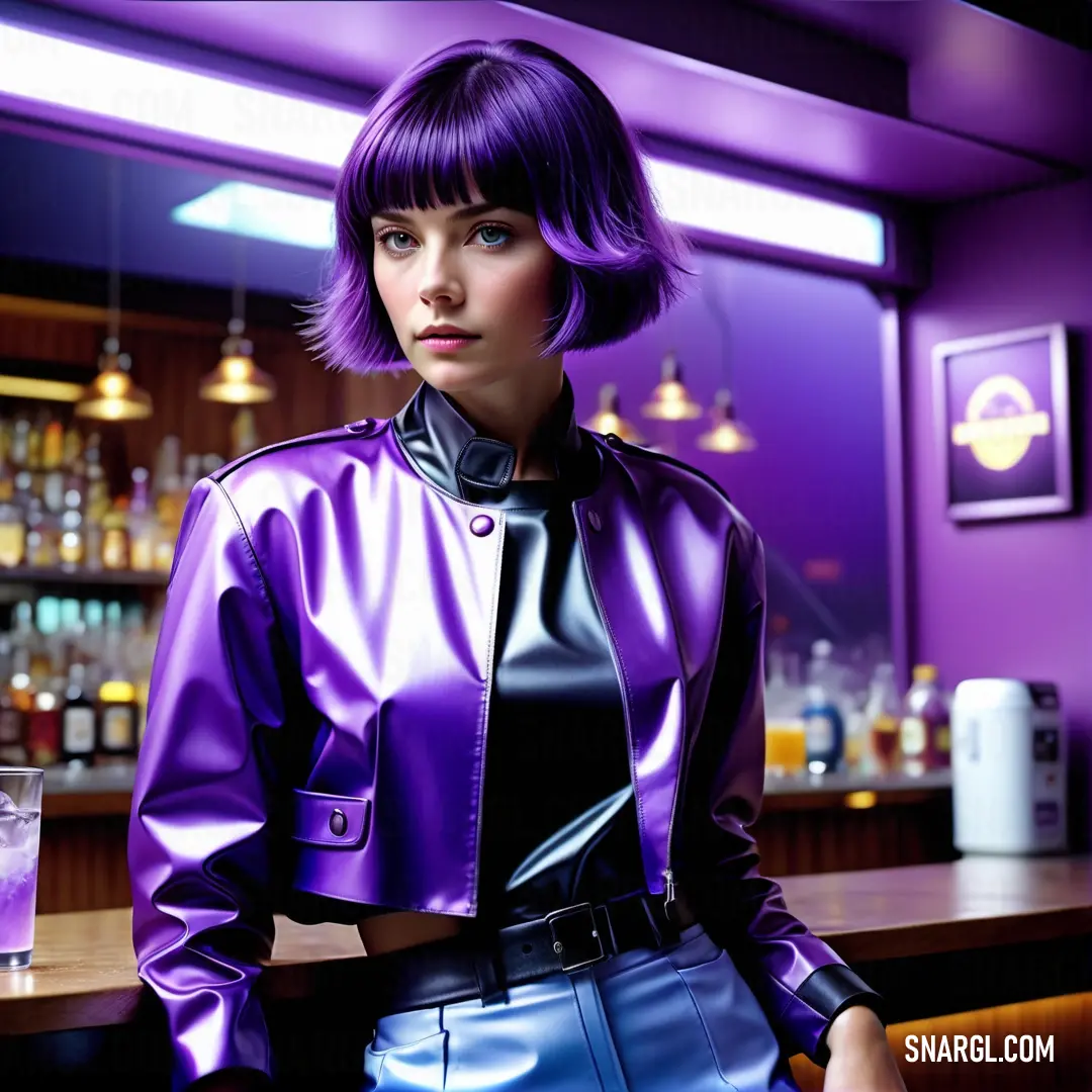 Woman in a purple jacket and blue pants standing in a bar with a purple light behind her. Color CMYK 37,63,0,8.